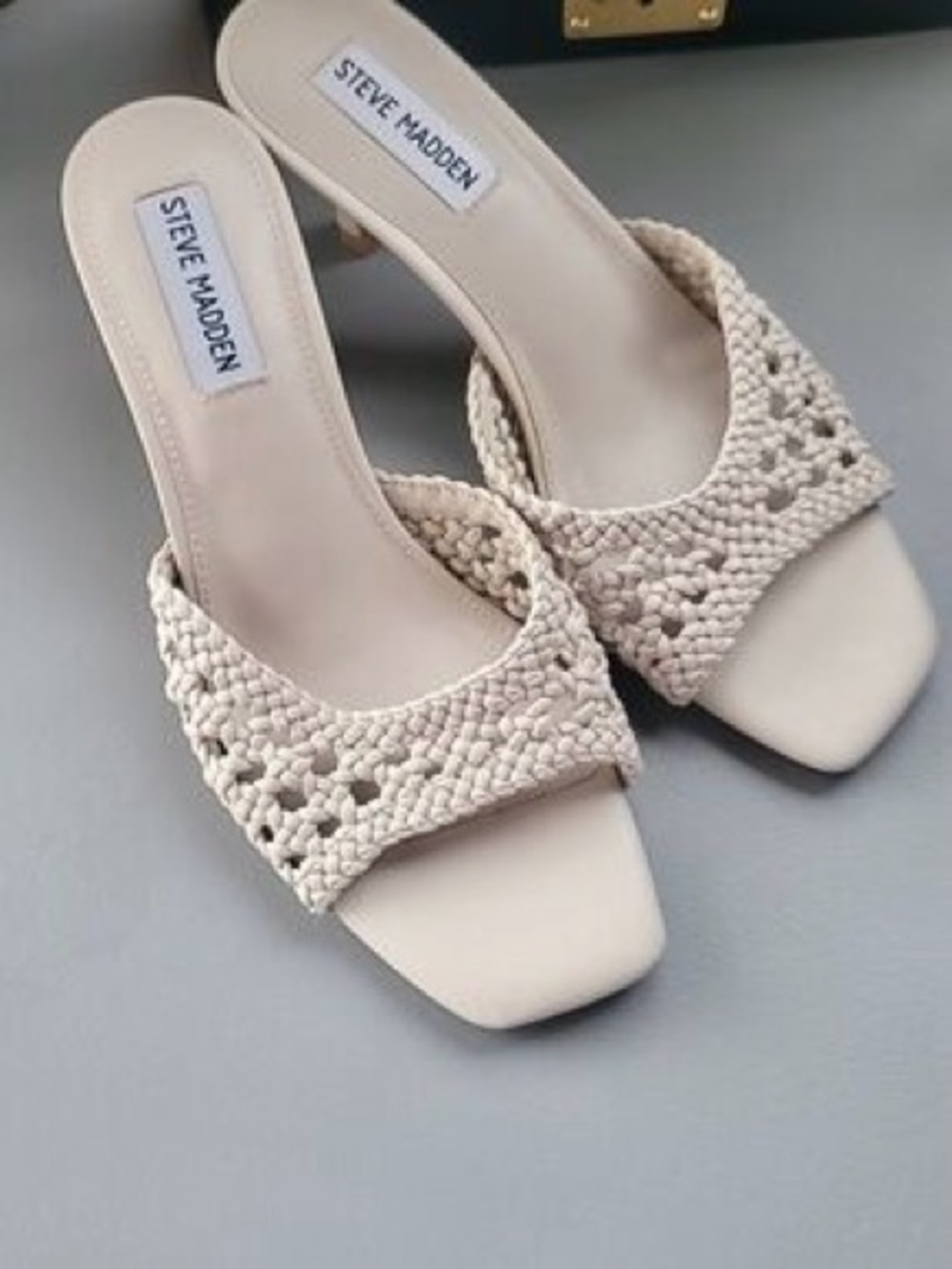 Steve Madden open toe woven Cream ivory off white Slide Mules kitten heels